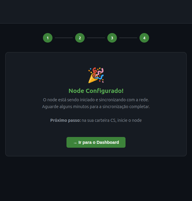 cs-mage — Node Configured! success screen with prompt to start the node from CS Wallet