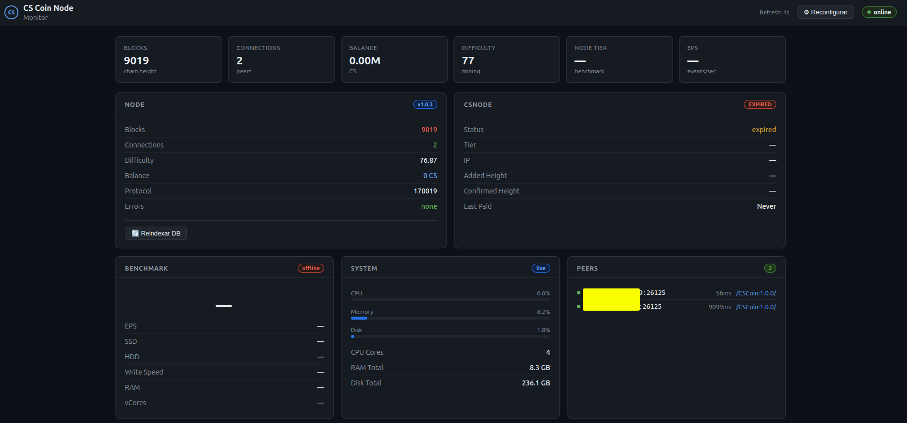 cs-mage dashboard showing node block height, connections, system info, and CSNODE status