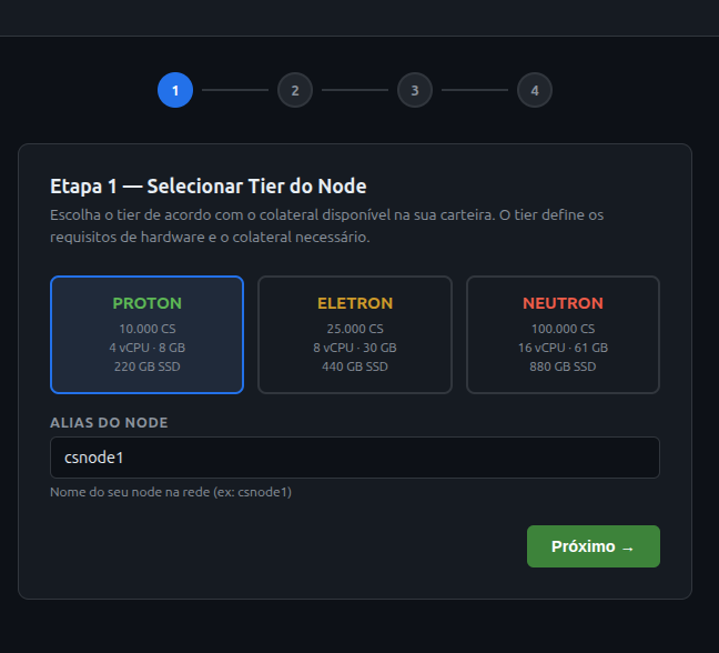 cs-mage wizard — Step 1: selecting PROTON tier and setting an alias