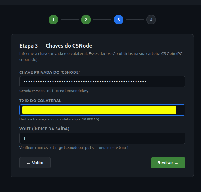 cs-mage wizard — Step 3: enter node private key, collateral TXID and VOUT