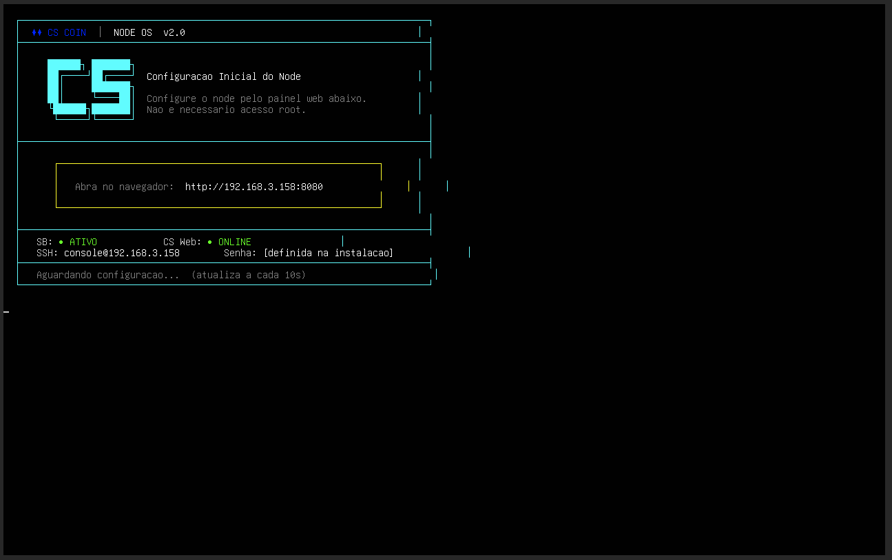 CS Node OS v2.0 terminal showing the cs-mage URL and access info