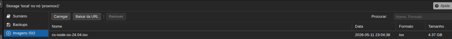 Proxmox storage showing the CS Node OS ISO uploaded