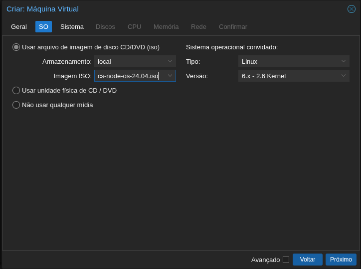 Proxmox Create VM — OS tab with CS Node OS ISO selected
