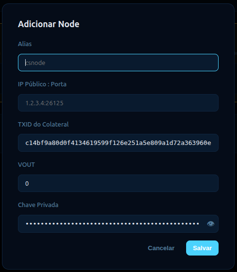 CS Wallet — Add Node modal with alias, IP:port, collateral TXID, and node key