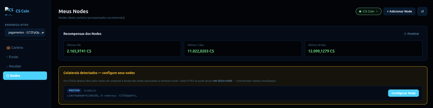 CS Wallet — collateral detected, ready to configure the node