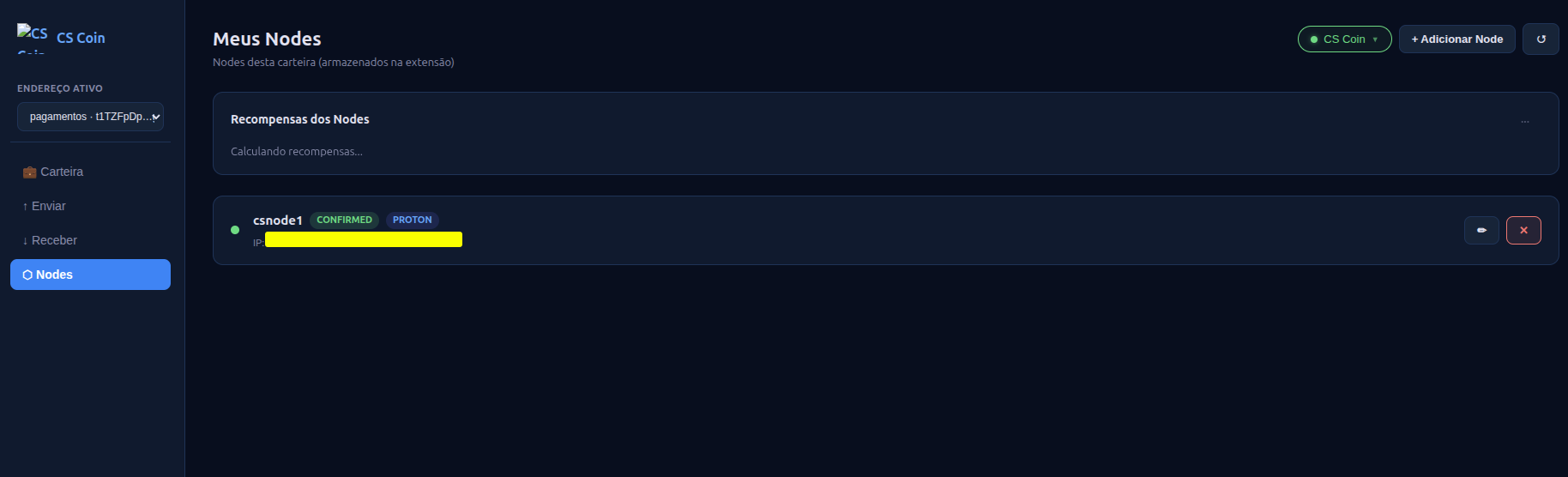 CS Wallet Nodes tab showing a CONFIRMED PROTON node