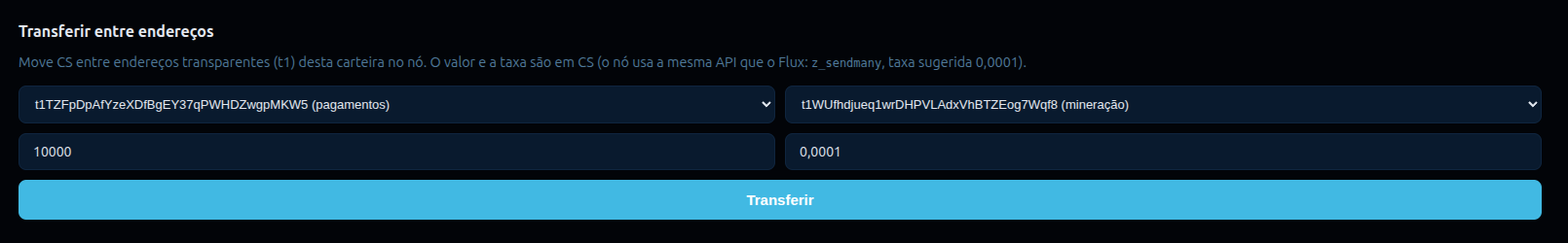 CS Wallet — sending 10,000 CS to the collateral address